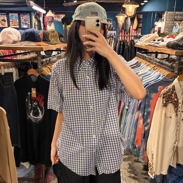 POLO 보라 체크 반팔 카라 셔츠