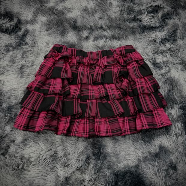 핫핑크 체크 패턴 캉캉 미니 스커트