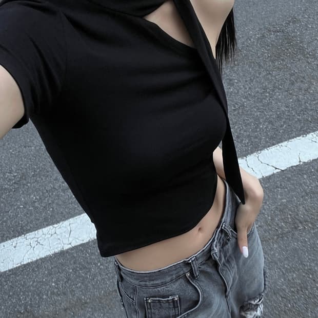 이네기 스카프 언발란스 원숄더 반팔티셔츠🤍 타이 슬릿 오프숄더