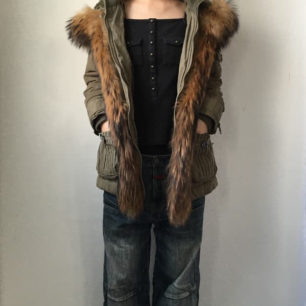 Raccoon fur trimming hood jacket
