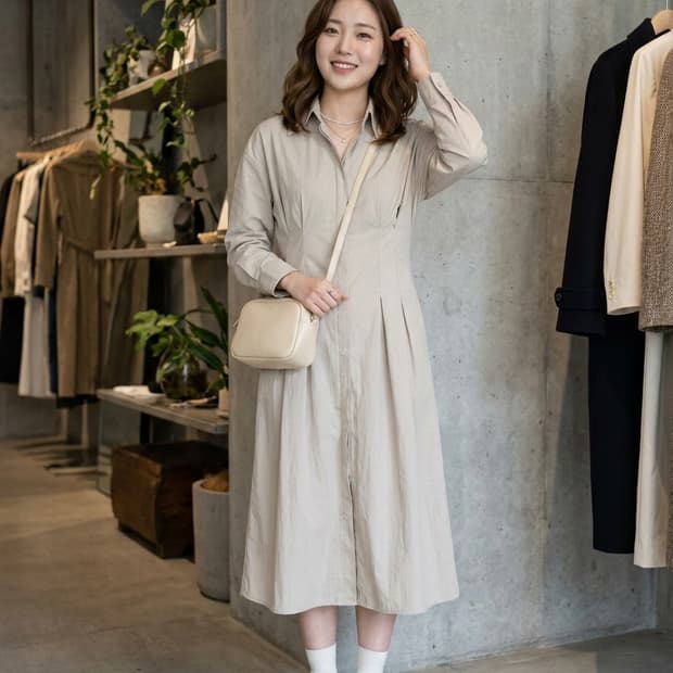 NAIN 나인 핀턱 셔츠 롱 원피스 베이지