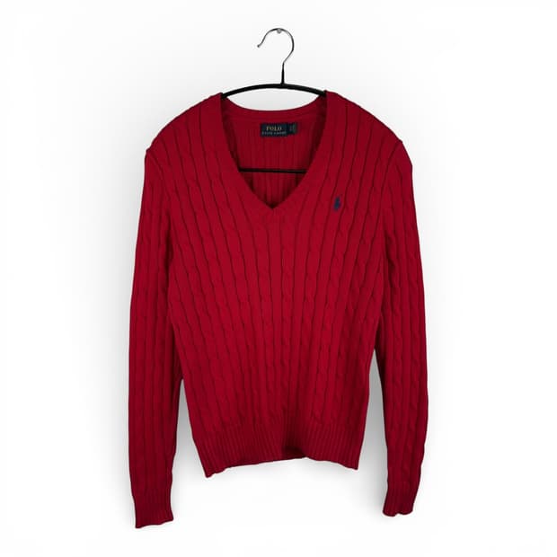 S) 폴로 랄프로렌 케이블 브이넥 니트 레드