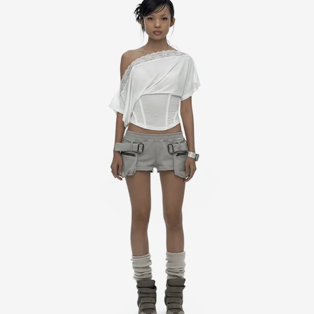 카시코 Lace One Shoulder Corset Tee white