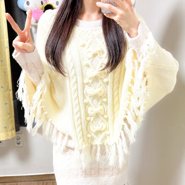 빈티지 화이트 리본 니트 망토 케이프 히메갸루 라떼 달천깔 리즈리사깔