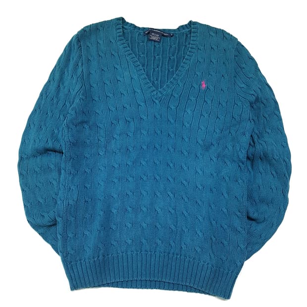 CL361 XL 폴로 00s 코튼 케이블 브이넥 틸블루 니트
