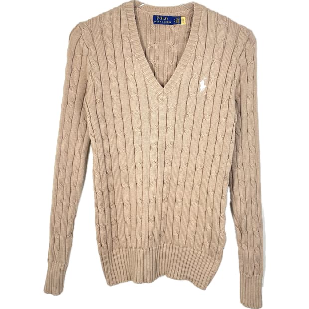 [XS] 폴로 랄프로렌 코튼 케이블 꽈배기 브이넥 니트 스웨터 QR인증