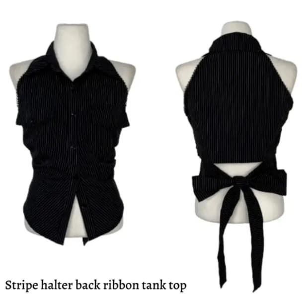 스트라이프 홀터 레이스 포켓 슬림 뒷리본 민소매 나시 셔츠 블랙