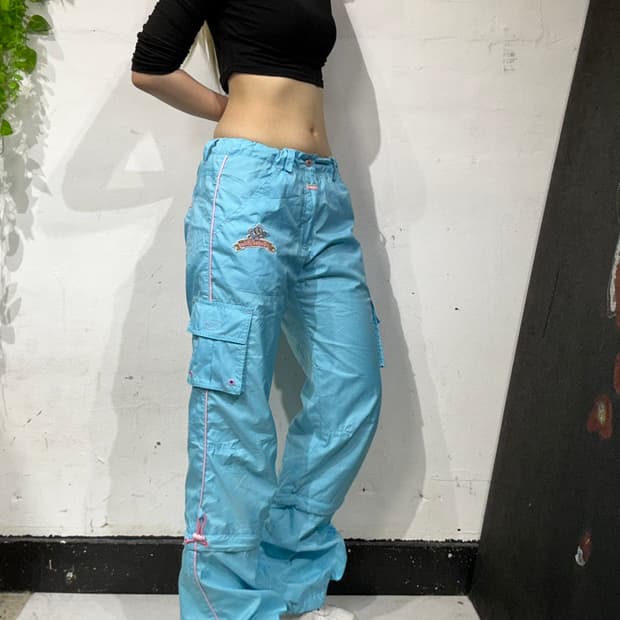일본 빈티지 스카이 블루 와투케 부츠컷 트래이닝 카고 바지 트랙 팬츠 L