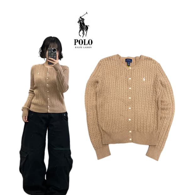 폴로 신형 딱붙 포니 꽈배기 가디건 카멜