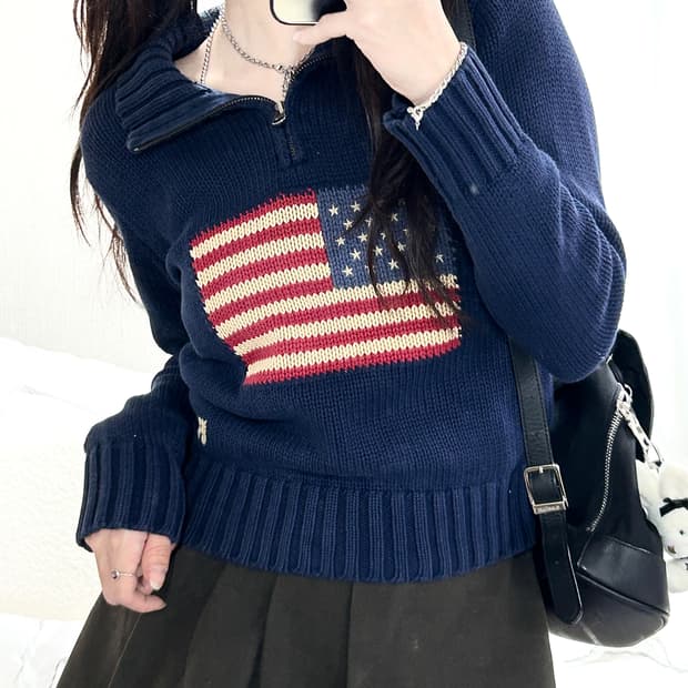 폴로 성조기 반집업 니트
