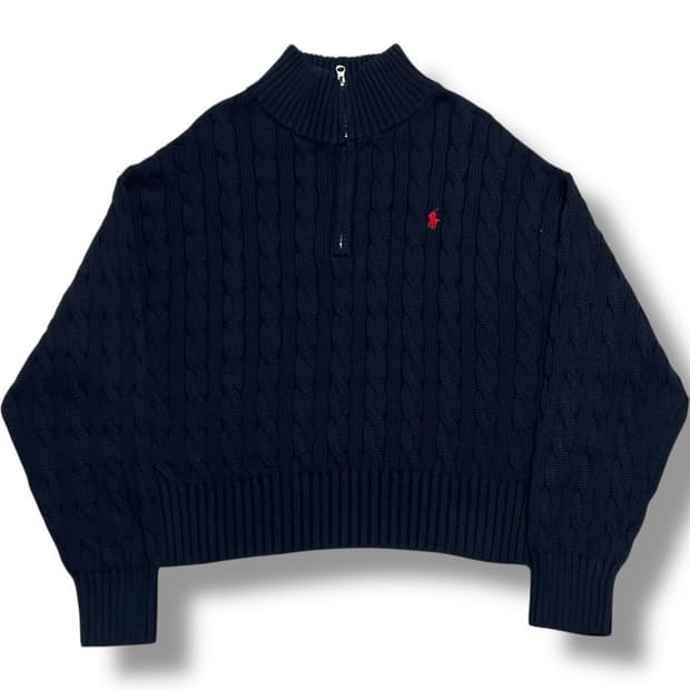 Polo Ralph Lauren 코튼 케이블 크롭 반집업 니트
