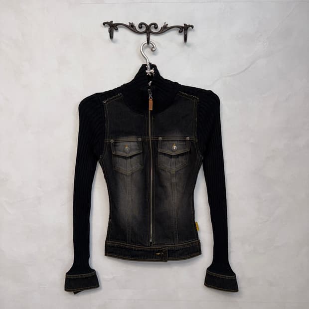 Egoist washing black denim knit zipup 
