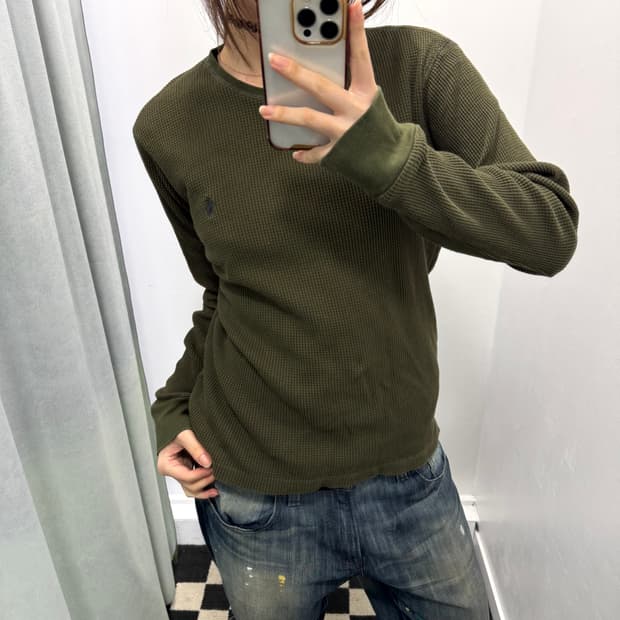 폴로 카키 와플니트