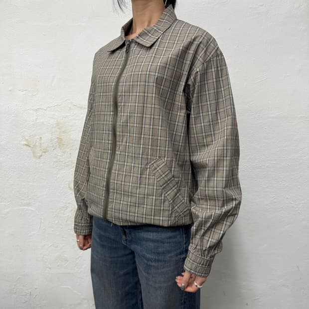 프릭스스토어 FREEDOM 베이지 체크패턴 코튼 드로우코드 블루종 자켓