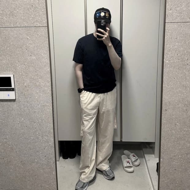 굿 라이프웍스 린넨 카고 와이드 팬츠 크림색 M