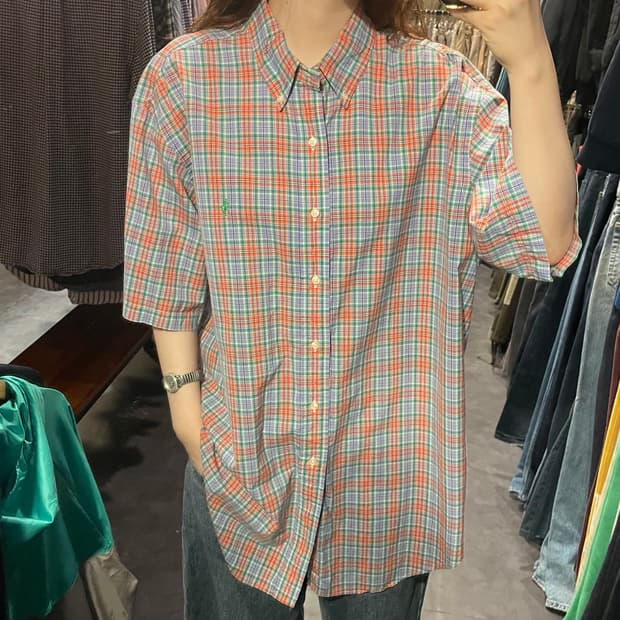 [IM] 폴로 체크 반팔 셔츠 퍼플 오렌지