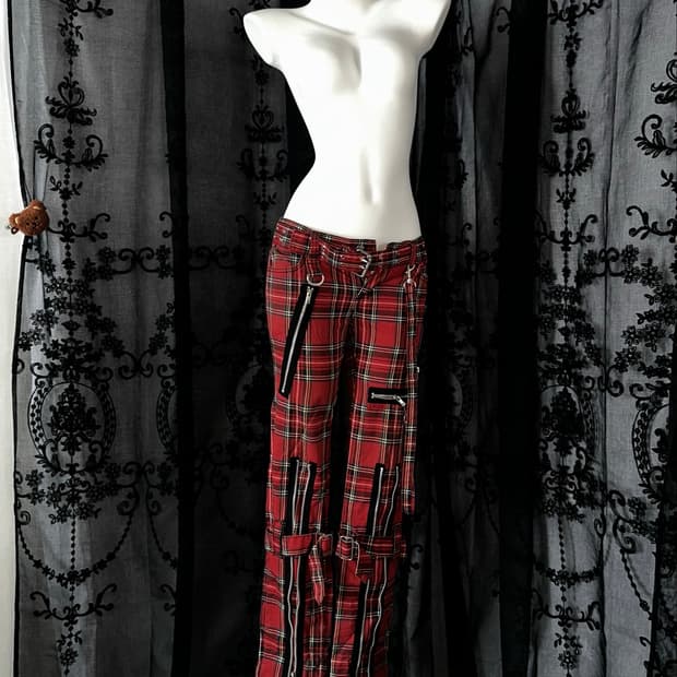red tartan plaid zipper strap pants