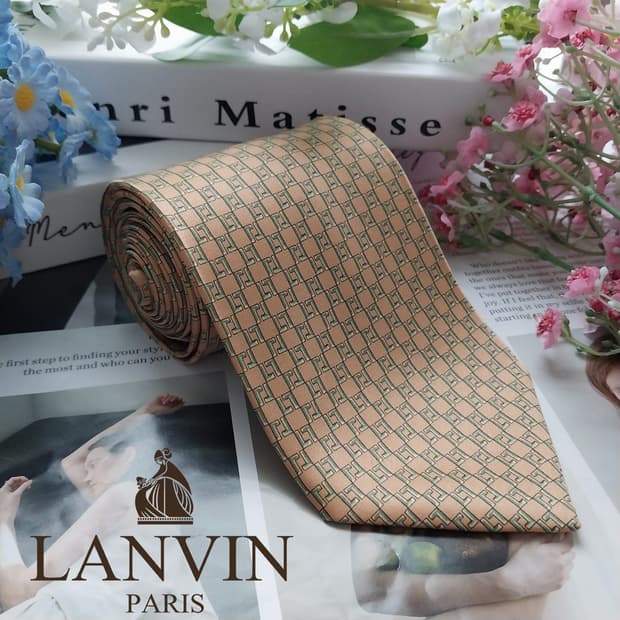 랑방 실크 베이지&그린 자카드 패턴 넥타이 9.3cm A등급 K1481
