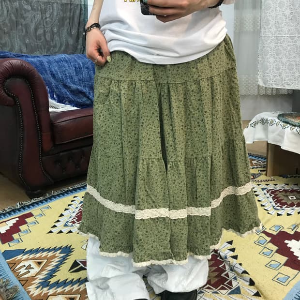 빈티지 여성 플라워패턴 레이스 밴딩 스커트 