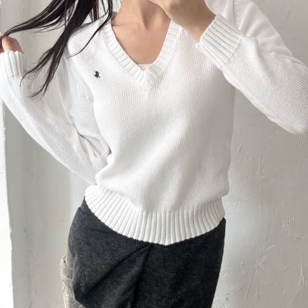 Polo 랄프로렌 우먼 화이트컬러 코튼 브이넥 니트
