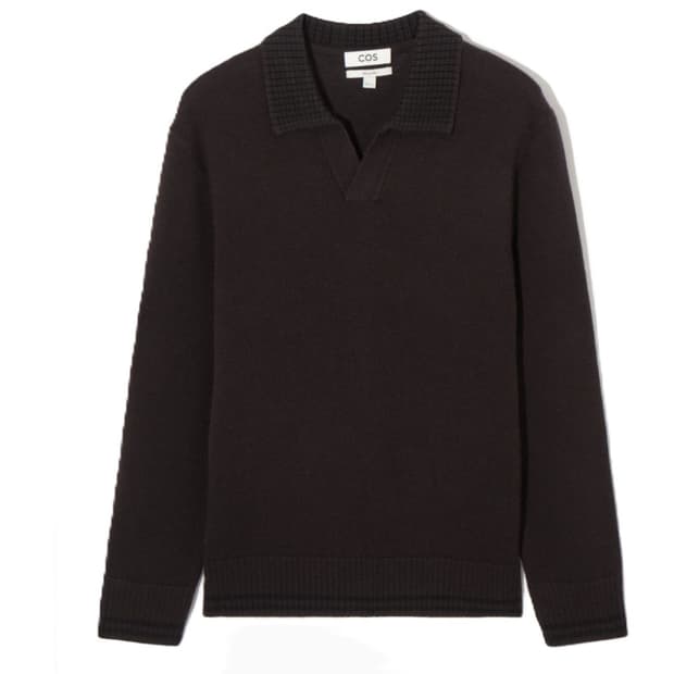 L COS 코스 릴렉시드 컨트래스트 립 메리노 울 오픈 카라티 니트