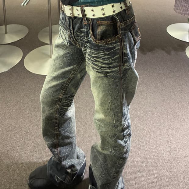 L)Japanese vintage 여성 레이스업 디테일 부츠켓 데님팬츠