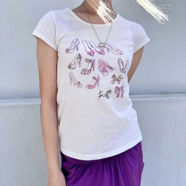Beads Detail Shoes Cotton T Shirt