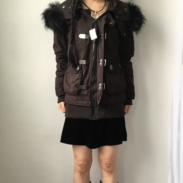 Fake fur hood high neck filed jacket