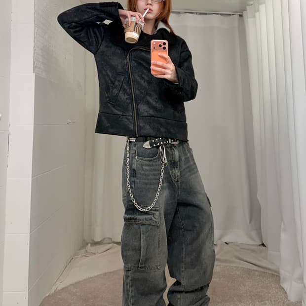 빈티지 무채색 핀터깔 무스탕 스트릿 코디 세트