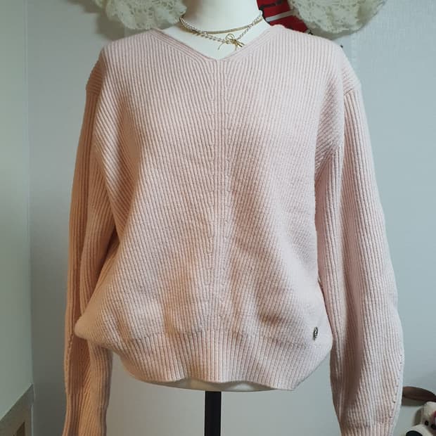 [빈티지] 핑크 브이넥 니트 스웨터 발레코어 니트