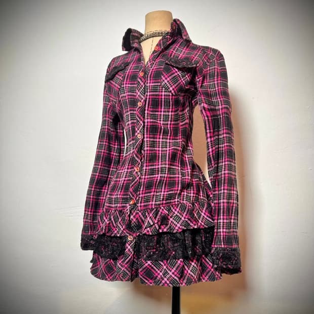 핑크 체크 프릴 셔츠 미니 원피스 빈티지 펑크 캐캐채깔 핀터깔