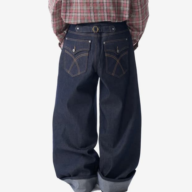 아캄 Cinch Back Denim Pants (Dark Blue)