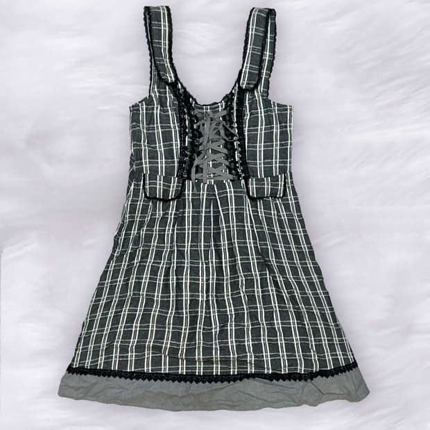 일본빈티지 지뢰계 체크 레이스 미니 원피스