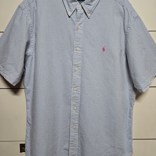 폴로 랄프로렌 남성 시어서커 블루 스트라이프 반팔셔츠(클레식핏 XL)