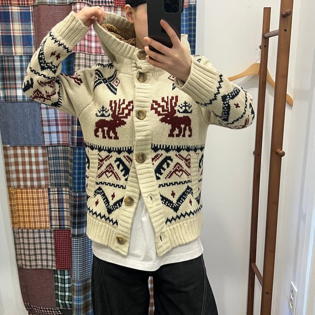 노르딕 플리스 니트 후드 가디건