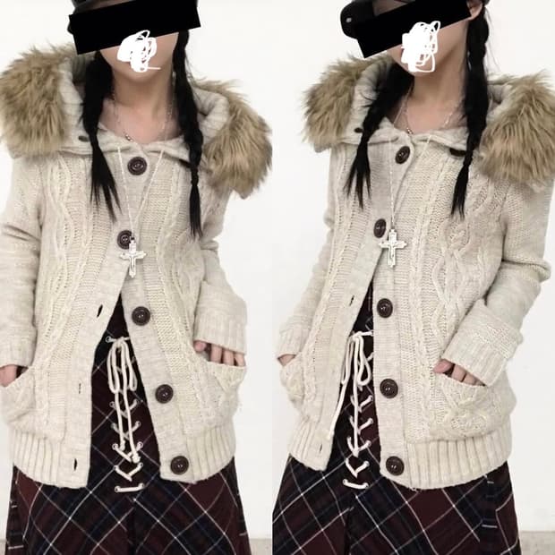 퍼후드 꽈배기 니트 가디건