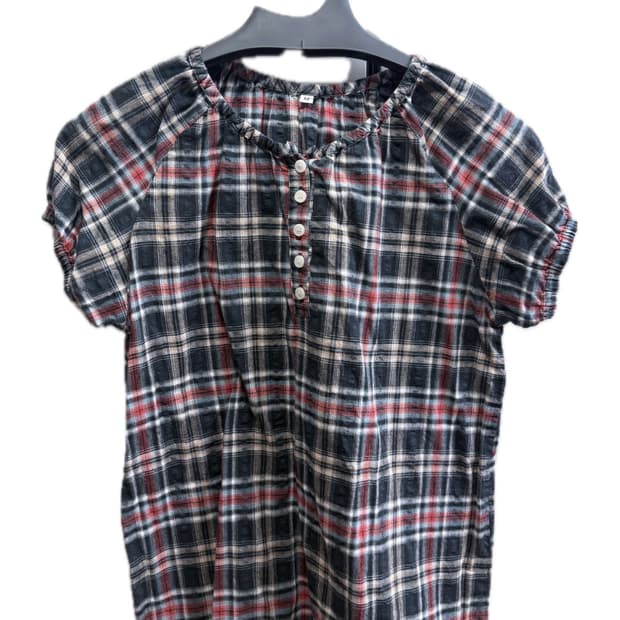 모리걸 크롭 체크 반소매 남방 블라우스