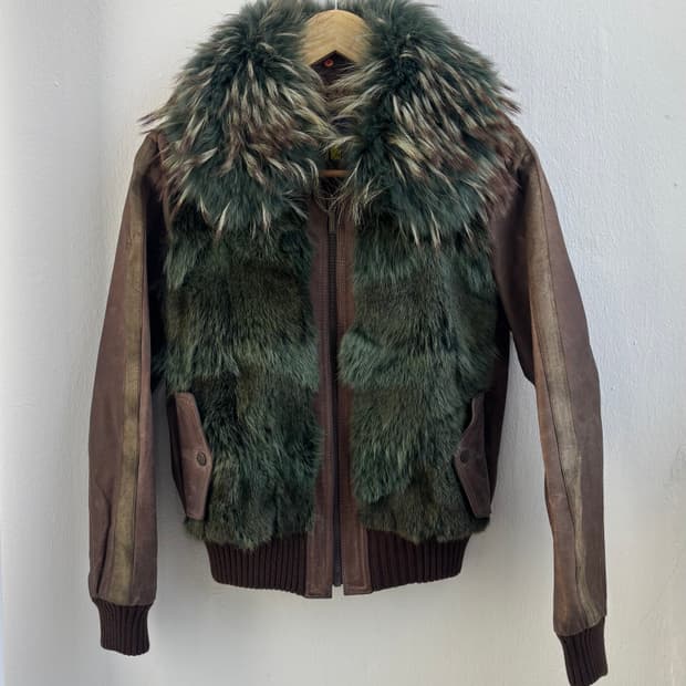 Vintage Brown Green Fur Leather Jacket