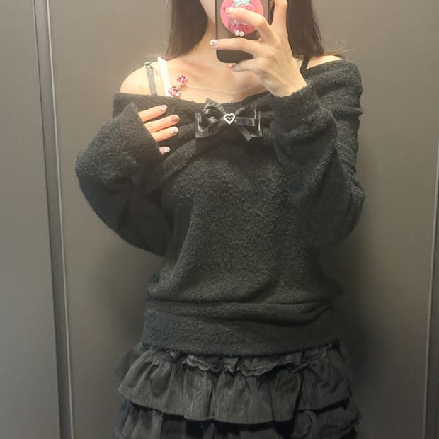 빈티지 블랙 리본 오프숄더 리본 호피 체인 니트 티셔츠 오네갸루 로걀