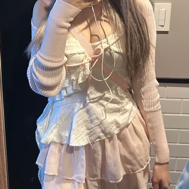 쓰리타임즈 릿볼레로 핑크 + 스완쉬폰 스커트 핑크 s 세트