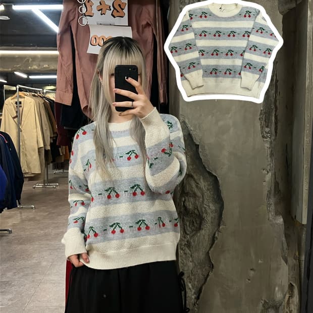 빈티지 체리 패턴 니트 블루  #csz3180