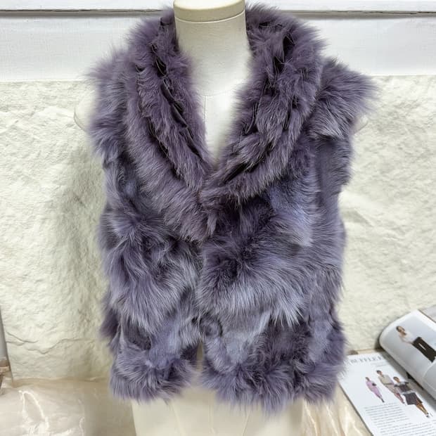 빈티지 보라 리본 여우털 폭스퍼 조끼 베스트