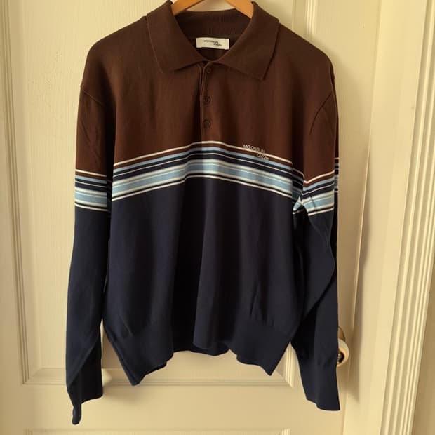 문선 코튼 스트라이프 카라 니트 / 브라운블루