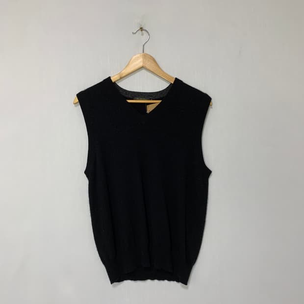 퓨어 캐시미어 100% 빈티지 브이넥 니트 조끼 블랙 