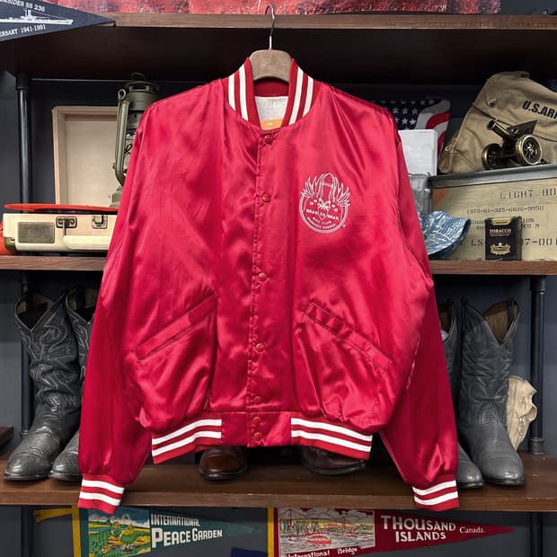 90s 빈티지 버드클럽 사틴 바시티 자켓 빅프린팅 딥레드 N777