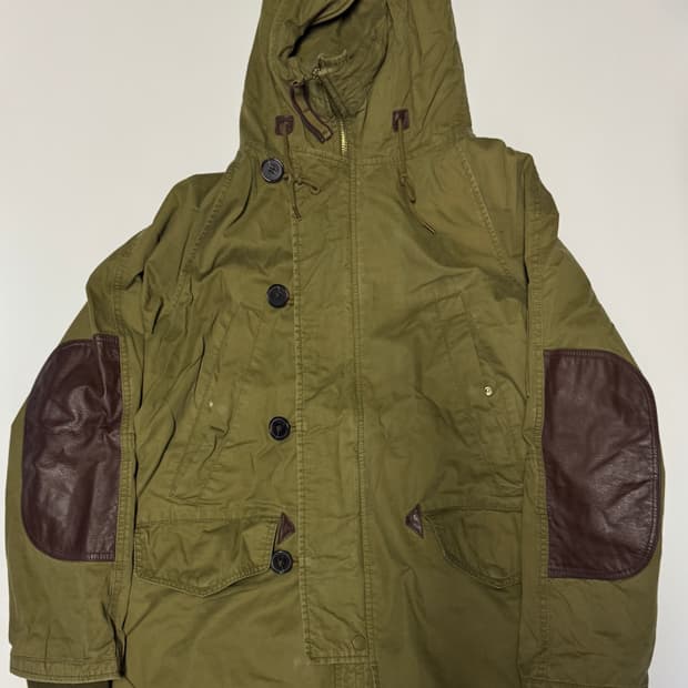 공용!! 카이아크만 소가죽 암패치 후드 야상 점퍼 XL