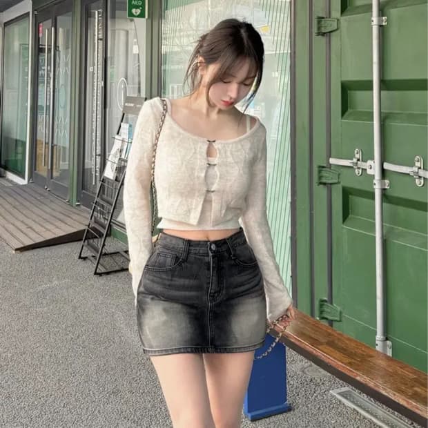 [카인다미] 골반볼륨업 흑청 워싱 치마바지-골반뽕 M