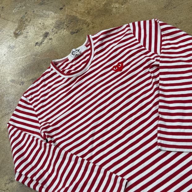 꼼데가르송 레드 하트 와펜 단가라 스트라이프 롱슬리브 긴팔 티