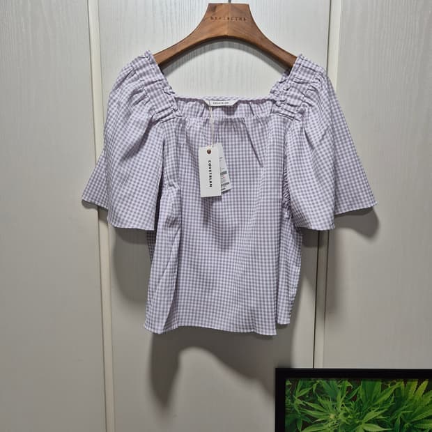 (세일)(새상품)코벳블랑 깅엄 체크 블라우스 퍼프 반팔
