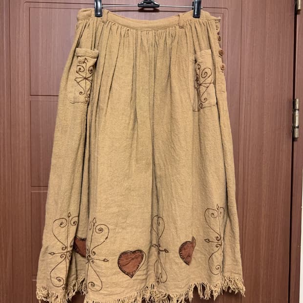 모리걸 하구미 히피 에스닉 일본 빈티지 베이지 브라운 자수 롱 스커트